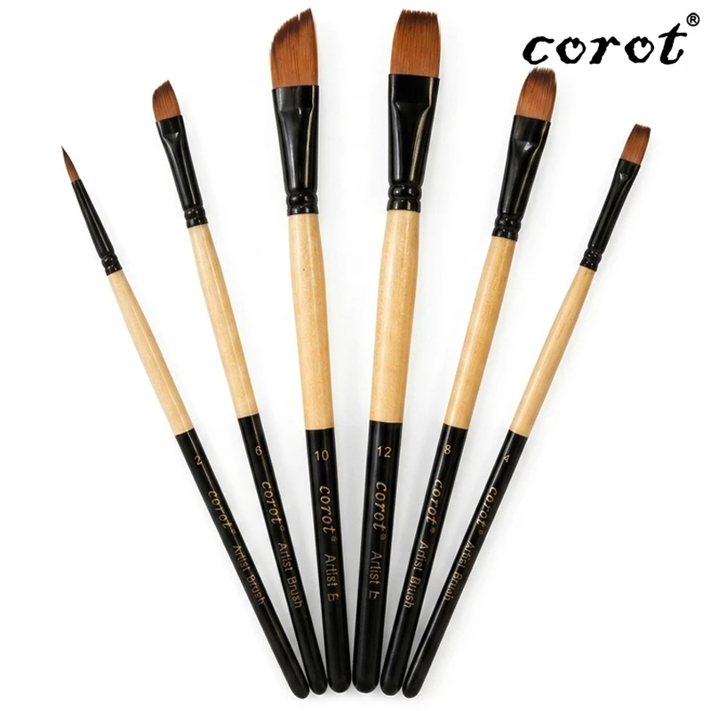 Corot Artist Brushes Mix head Filbert, Round, Angle, & Flat, High-Quality Gradient Nylon Wool 6 Pcs (KLNLHB0074)